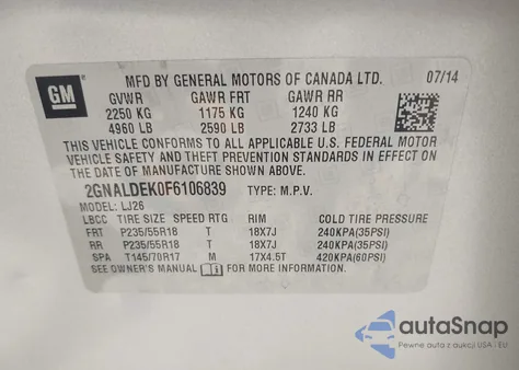 2015 Chevrolet Equinox Ltz from USA, damaged, VIN 2GNALDEK0F6106839
